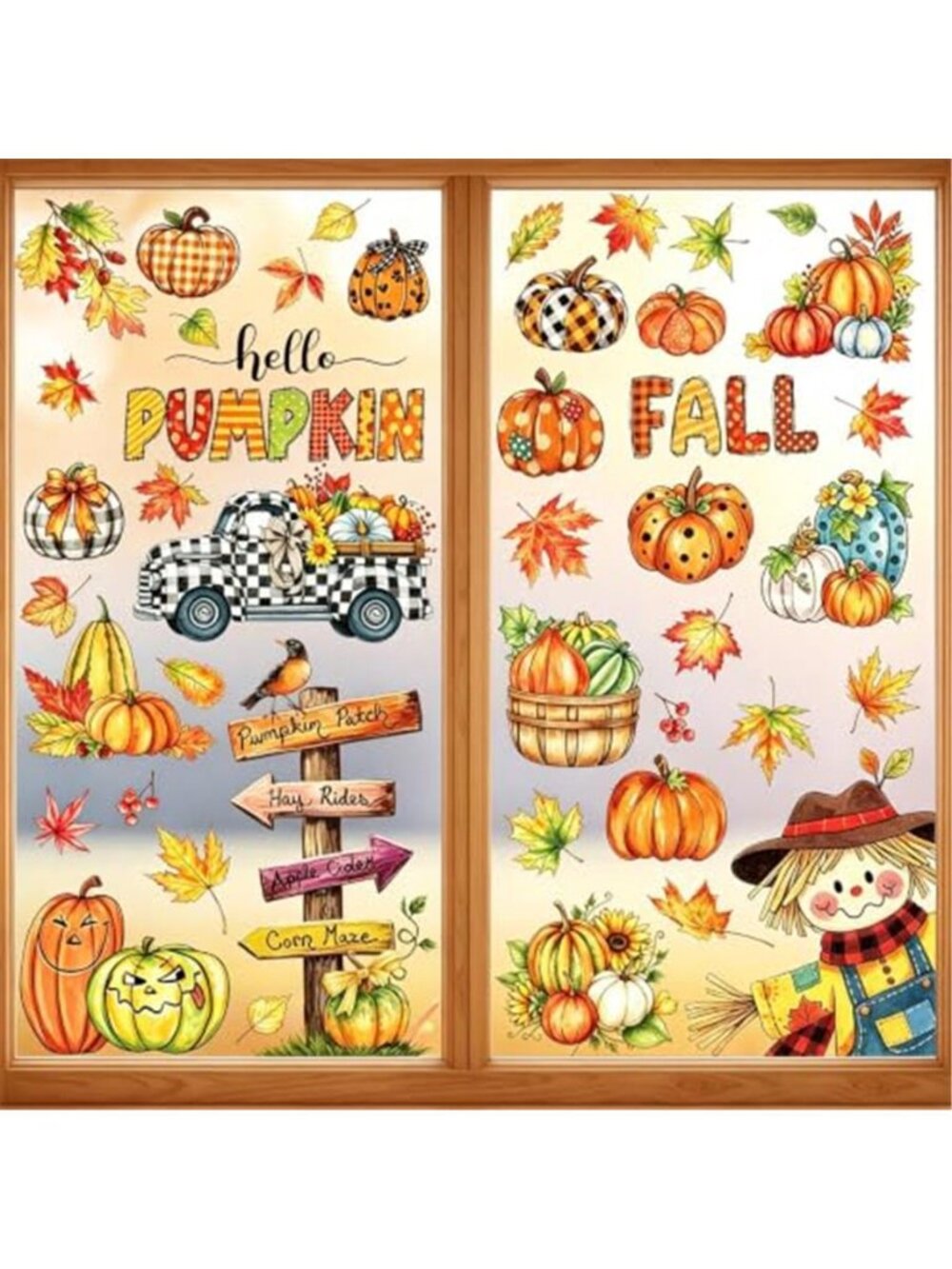 Fall Window Clings Maple Leaves Pumpkins Scarecrow Truck Autumn Harvest 9